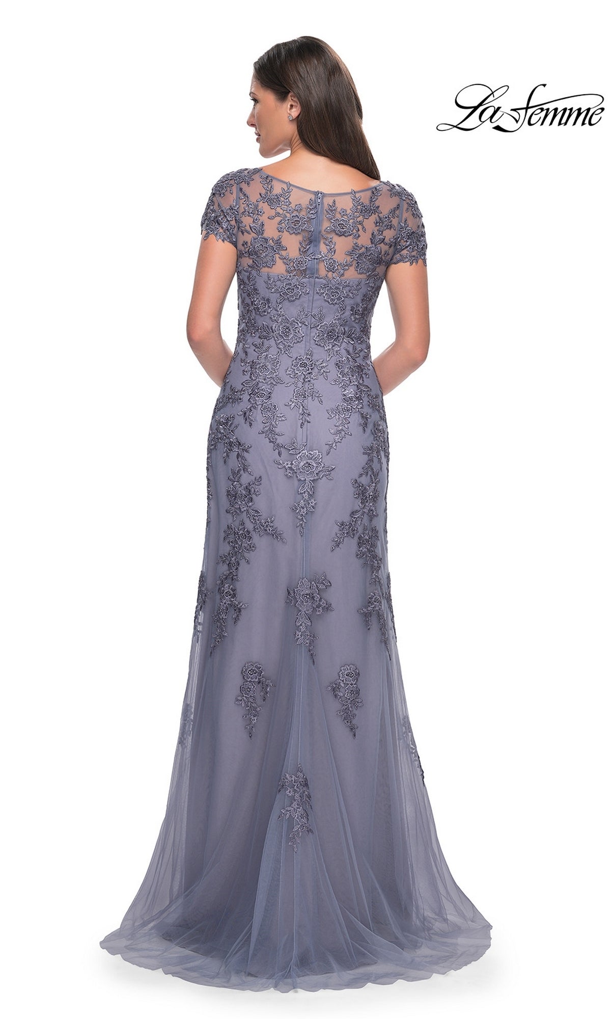Back view of the Long Formal Dress: La Femme 29792, a grey floor-length modest gown with short lace sleeves and intricate floral embroidery.